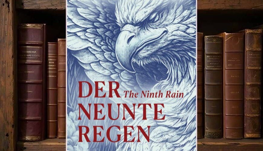 Buchcover von »Der neunte Regen – The Ninth Rain«: in Blautönen gezeichneter, bedrohlich blickender Adlerkopf mit ausgebreiteten Federn, darüber der Name »Jen Williams« in roter Versalschrift, darunter der Titel »Der neunte Regen – The Ninth Rain«, unten ein Guardian-Zitat und das Ronin-Verlagslogo; das Cover steht vor einem Regal mit alten Ledereinbänden.