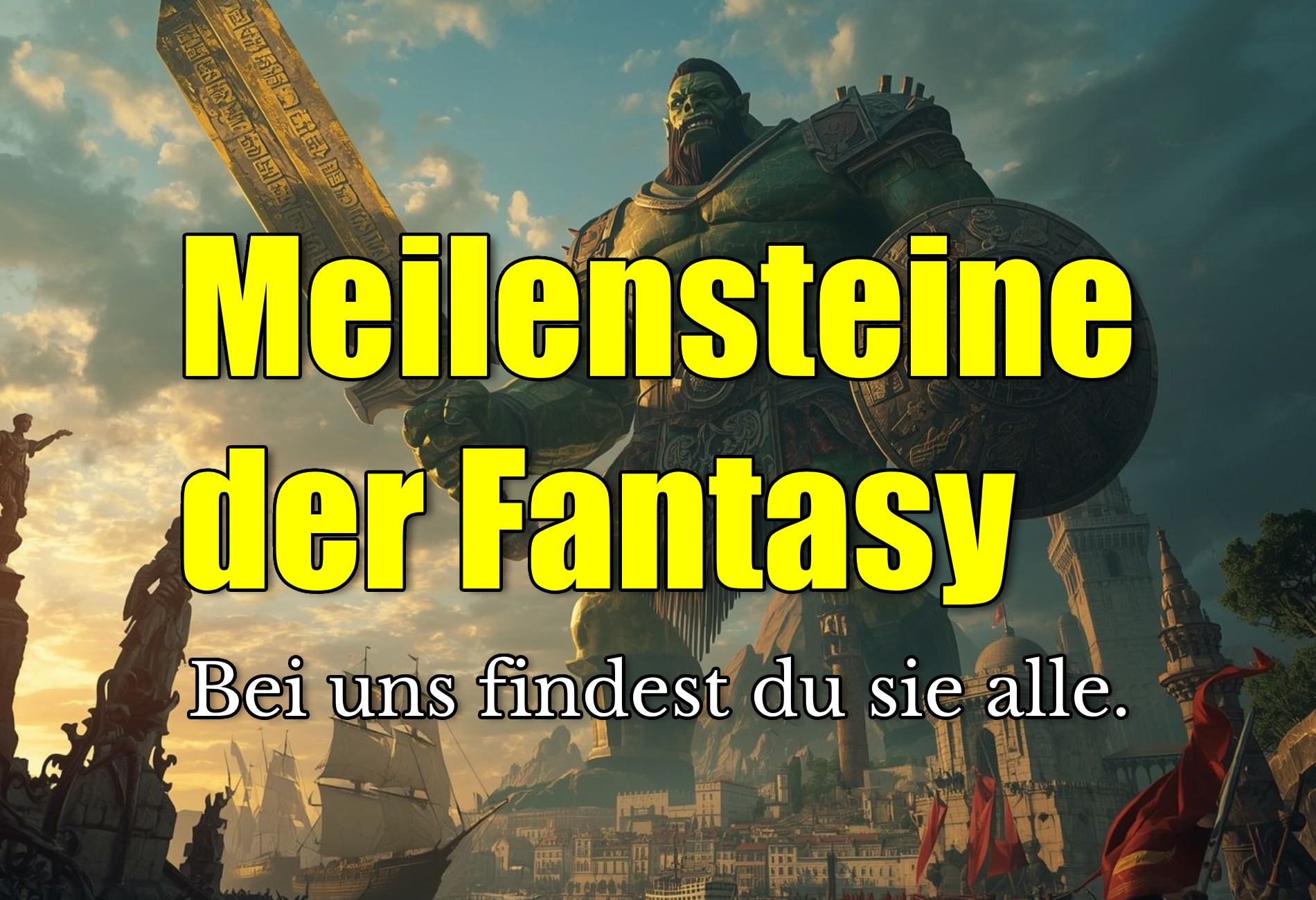 Eine gewaltige Statue über einem antiken Hafen. In der Hand ein riesiges Runenschwert. Symbol für die Meilensteine der Fantasy.