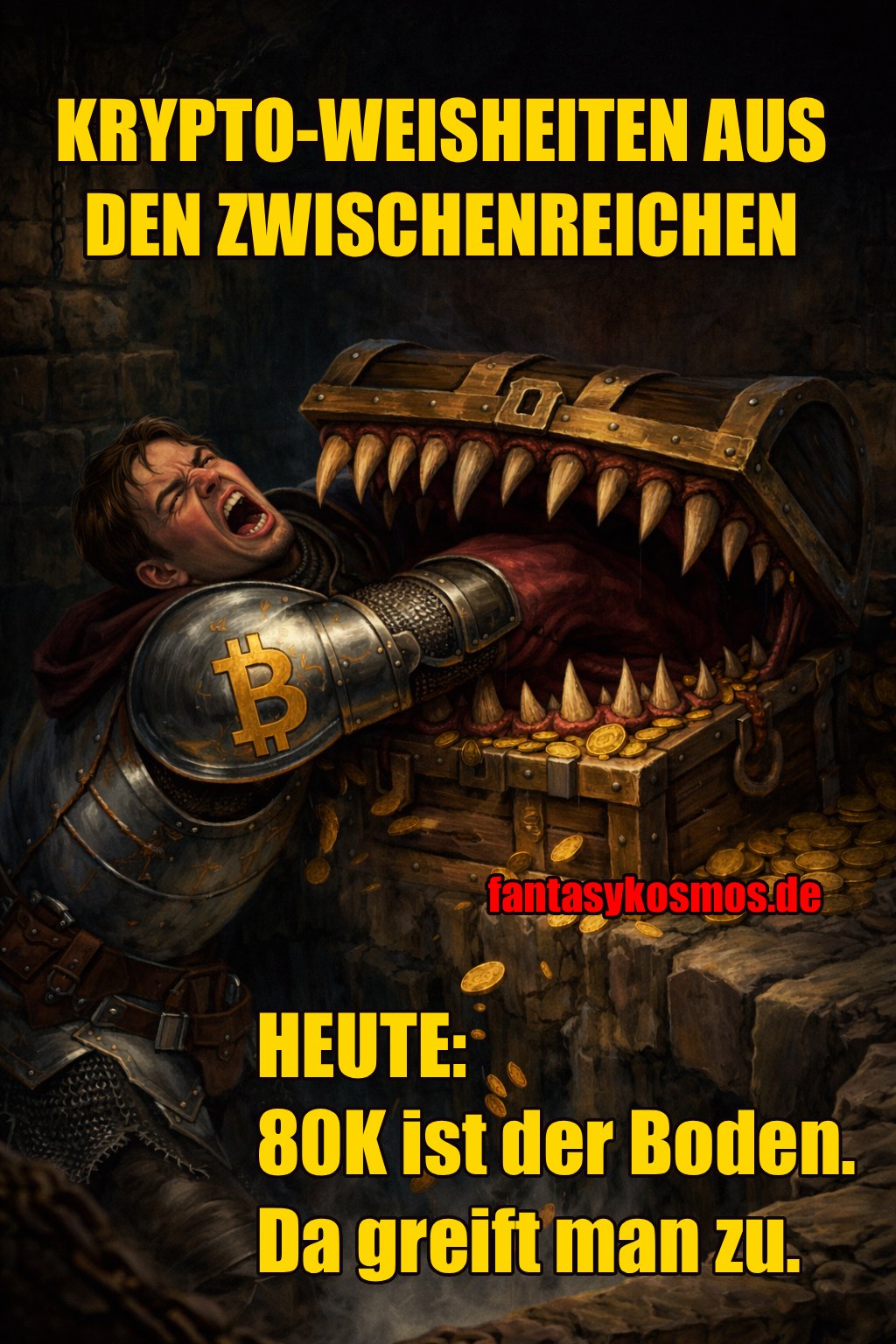 Meme: Dungeon-Szene mit Mimic-Schatztruhe, die einen Ritter mit Bitcoin-Logo am Brustpanzer beißt; Text: „KRYPTO-WEISHEITEN AUS DEN ZWISCHENREICHEN“ und „Heute: 80K ist der Boden. Da greift man zu.“