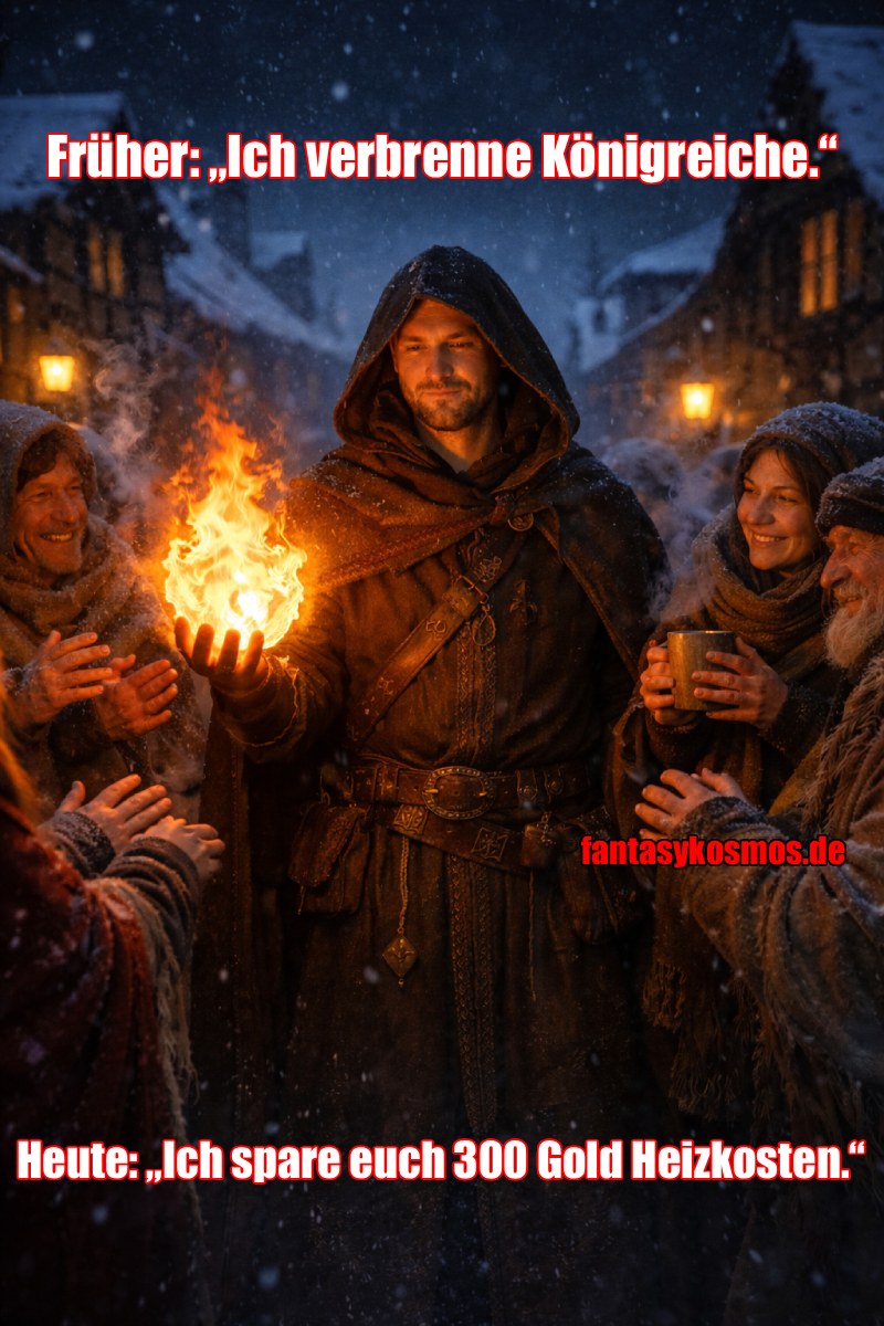 Meme: Winterliche Fantasy-Szene, Magier hält Feuer in der Hand; Text: „Früher: ‘Ich verbrenne Königreiche.’ Heute: ‘Ich spare euch 300 Gold Heizkosten.’“