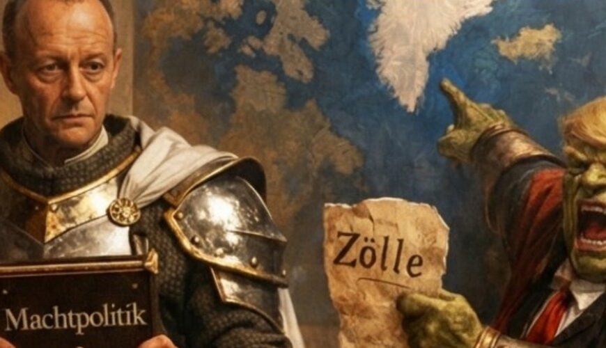 Meme: In einem machtpolitischen „Zauberschul“-Hörsaal hält ein Kanzler-Paladin ein Buch „Machtpolitik“, daneben brüllt ein orkish-königlicher Gastdozent und schwenkt ein Pergament „Zölle“
