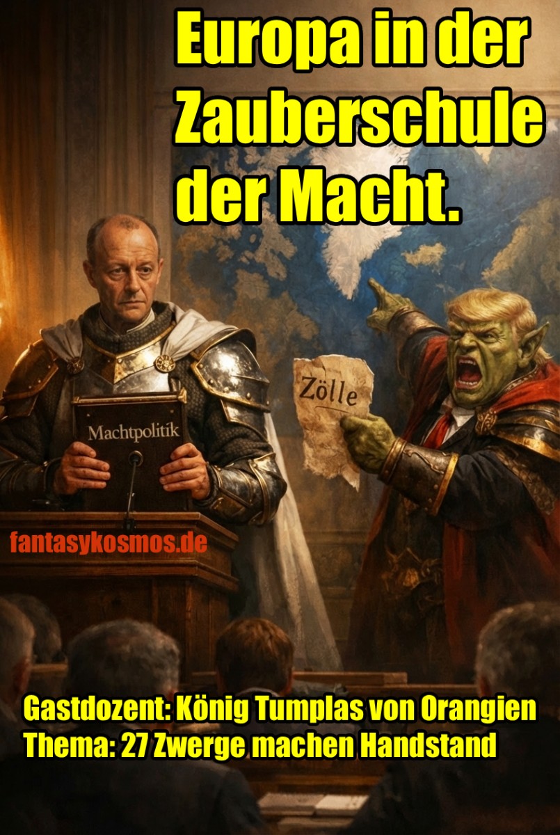 Meme: In einem machtpolitischen „Zauberschul“-Hörsaal hält ein Kanzler-Paladin ein Buch „Machtpolitik“, daneben brüllt ein orkish-königlicher Gastdozent und schwenkt ein Pergament „Zölle“; Text: „Europa in der Zauberschule der Macht… Gastdozent: König Tumplas von Orangien… Thema: 27 Zwerge machen Handstand“.