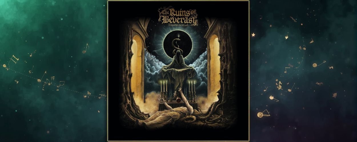 Ölgemaltes Albumcover: organisch verwachsene Tempelsäulen rahmen einen Altarraum, auf dessen Thron eine verhüllte Gestalt vor einer schwarzen Sonnenfinsternis sitzt; darüber windet sich eine Schlange, im Vordergrund liegt eine gewandete Figur am Boden, umgeben von Kerzenleuchtern und Wurzeln.