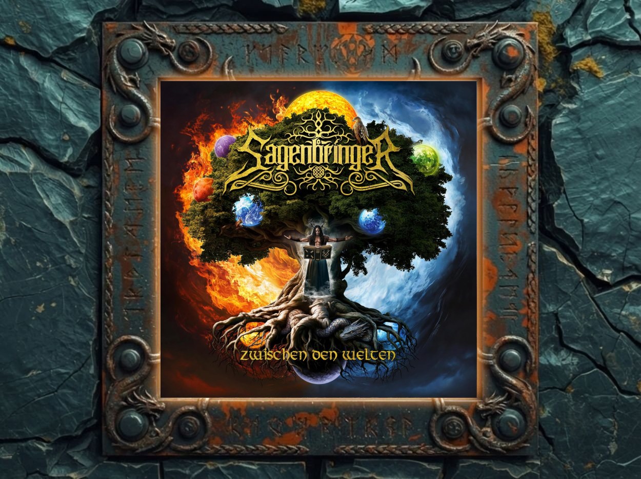Albumcover Sagenbringer – Zwischen den Welten: gigantischer Weltenbaum mit feurig roter Seite links und kühler blauer Seite rechts, in der Mitte ein geweiht gekrönter Priester mit aufgeschlagenem Runenbuch, um den Baum herum mehrere Planeten, unten eine schlangenartige Drachenkreatur in den Wurzeln, oben das goldene Sagenbringer-Logo.