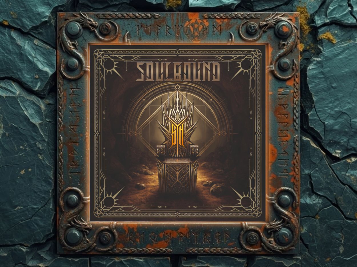 Cover Soulbound – sYn: leerer, golden leuchtender Metallthron mit sYn-Emblem in einer Höhle, umrahmt von geometrischen Linien und Sonnen-Ornamenten.