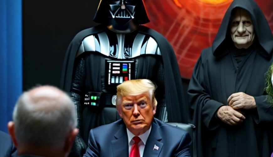 Trumps Friedensrat: Gruppe von Männern an einem Konferenztisch, vorne der Rücken eines grauhaarigen Teilnehmers, gegenüber ein Mann mit blondem Haar im Anzug, neben ihm eine clownartig geschminkte Figur in lilafarbenem Anzug; dahinter zwei schwarz gewandete Gestalten und eine große, feurig leuchtende Kreisstruktur an der Wand.