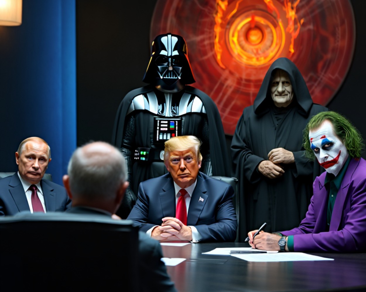 Trump Friedensrat: Gruppe von Männern an einem Konferenztisch, vorne der Rücken eines grauhaarigen Teilnehmers, gegenüber ein Mann mit blondem Haar im Anzug, neben ihm eine clownartig geschminkte Figur in lilafarbenem Anzug; dahinter zwei schwarz gewandete Gestalten und eine große, feurig leuchtende Kreisstruktur an der Wand.