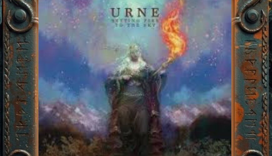 Leicht verwaschenes Albumcover von URNE – Setting Fire To The Sky: eine majestätische, dunkel gewandete Gestalt mit brennender Fackel steht vor nebeligen Bergen, der Himmel leuchtet in violett-blauen und orangen Farbschlieren.