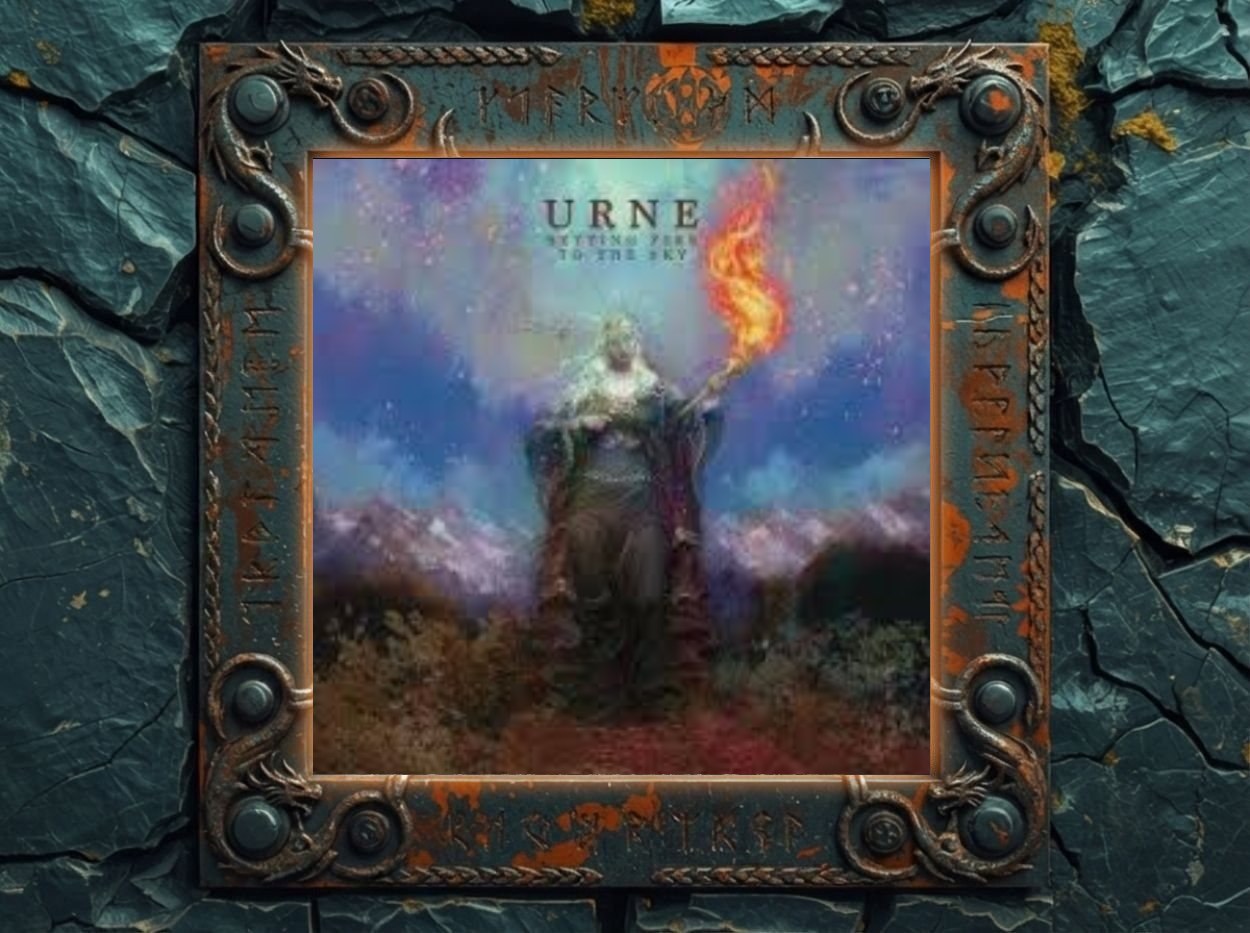 Leicht verwaschenes Albumcover von URNE – Setting Fire To The Sky: eine majestätische, dunkel gewandete Gestalt mit brennender Fackel steht vor nebeligen Bergen, der Himmel leuchtet in violett-blauen und orangen Farbschlieren.
