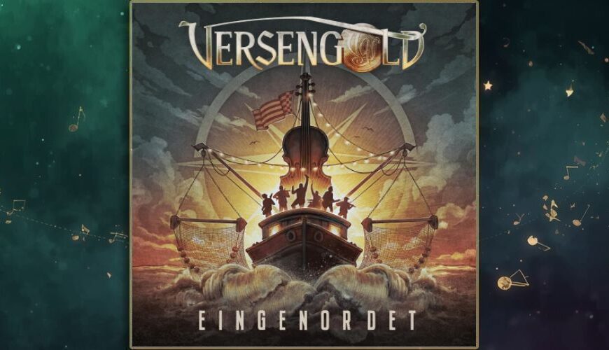 Gezeichnetes Albumcover Versengold – Eingenordet: ein Kutter pflügt durch hohe Wellen, auf dem Deck tanzen und spielen silhouettenhafte Musiker vor einer riesigen Geige als Mast; Lichterketten, Fischernetze und ein stilisierter Kompass im Hintergrund, warme Sonnenuntergangsfarben.