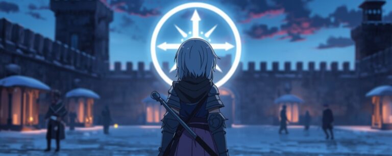 Junge Ritteranwärterin mit Schwert auf dem Rücken steht in einem verschneiten Burghof bei Abenddämmerung, vor ihr leuchtet ein großes heiliges Kreis-Symbol am Himmel.