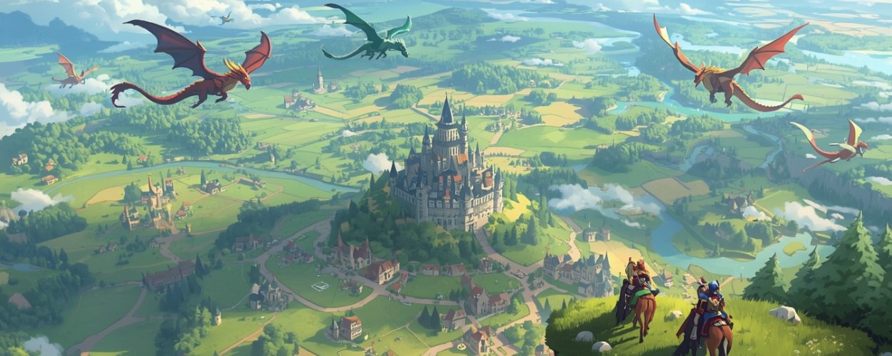 Aus der Vogelperspektive ist eine bunte Fantasy-Landschaft mit Dörfern, Flüssen und einer großen Burg zu sehen, über der mehrere Drachen fliegen, während drei Reiter von einem Felsen auf die Szene hinabblicken.