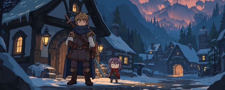 Anime-Szene in einem verschneiten Fantasy-Dorf bei Abenddämmerung: ein müder Abenteurer mit Schwert und Mantel steht vor einem Gasthaus, neben ihm ein kleines Mädchen mit rotem Schal, im Hintergrund leuchten Häuser und Berge im warmen Licht.