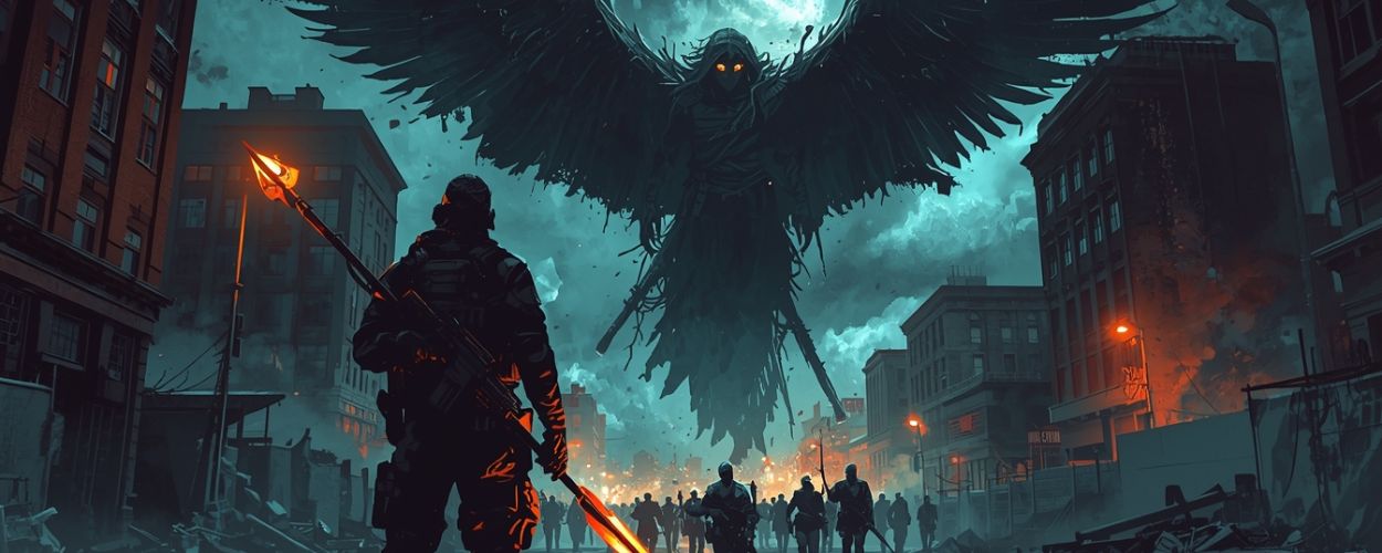 Ein Soldat mit leuchtender Lanze steht in einer zerstörten Stadt, über ihm schwebt ein geflügelter Dämonenengel vor einer Untotenarmee – Symbolbild zu Angels Fallen: Warriors of Peace