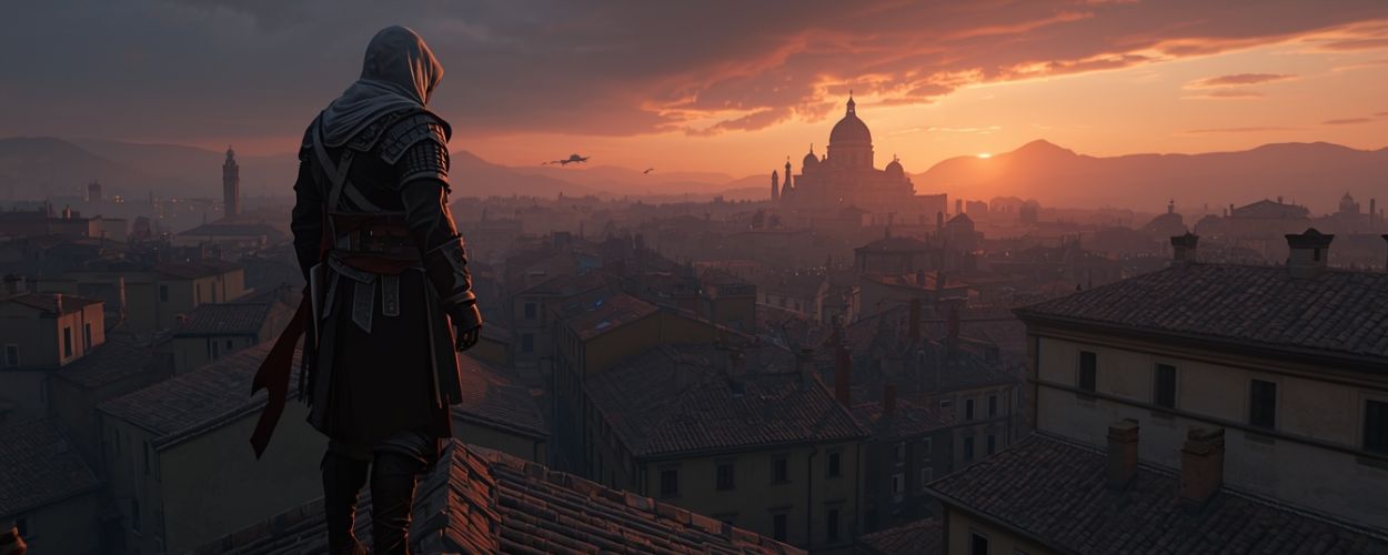 Vermummter Assassine auf einem italienischen Hausdach bei Sonnenuntergang – Netflix’ Assassin’s-Creed-Serie mit neuem Cast aus der Fantasy-Ecke.