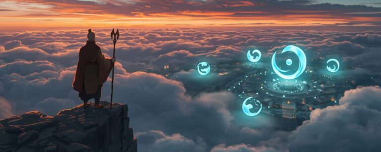 Aang steht auf einem hohen Lufttempel über den Wolken, während unter ihm eine leuchtende Stadt und vier Element-Symbole erscheinen – Symbolbild zu The Legend of Aang: The Last Airbender auf Paramount+