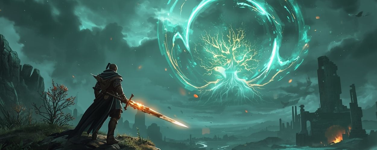 Ein gepanzerter Magier mit flammendem Schwert steht auf einer Felskante und blickt auf einen riesigen leuchtenden Weltenbaum in einem magischen Wirbel über einer dunklen Fantasy-Landschaft – Keyart im Stil von Avowed.