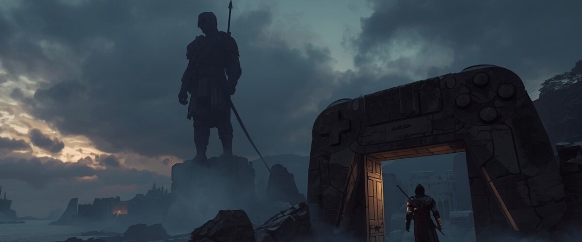 Ein einsamer Krieger schreitet durch ein riesiges steinernes Tor in Gamepad-Form auf eine nebelverhangene Küstenstadt mit gewaltiger Statue zu, Symbolbild für die ungewisse Zukunft von Ballad of Antara.