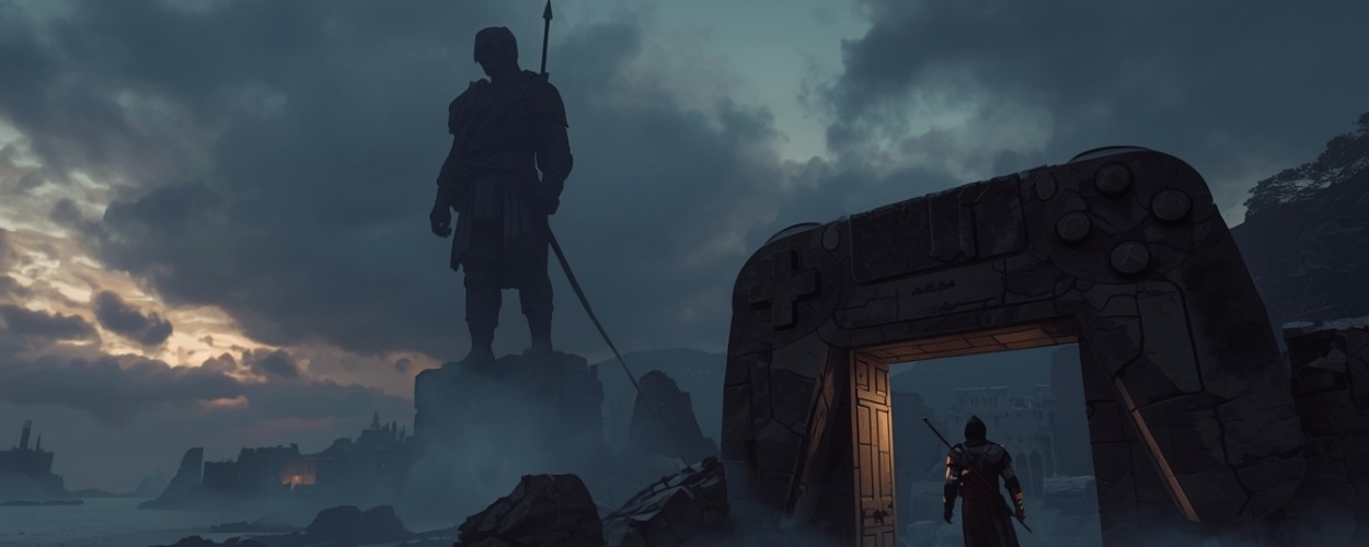 Ein einsamer Krieger schreitet durch ein riesiges steinernes Tor in Gamepad-Form auf eine nebelverhangene Küstenstadt mit gewaltiger Statue zu, Symbolbild für die ungewisse Zukunft von Ballad of Antara.