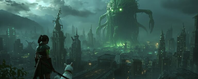 Postapokalyptisches Japan: Kriegerin und weißer Hund blicken von einer überwucherten Anhöhe auf eine zerstörte Stadt, in der ein gigantisches pflanzenhaftes Blight-Monster mit leuchtenden grünen Augen aufragt.