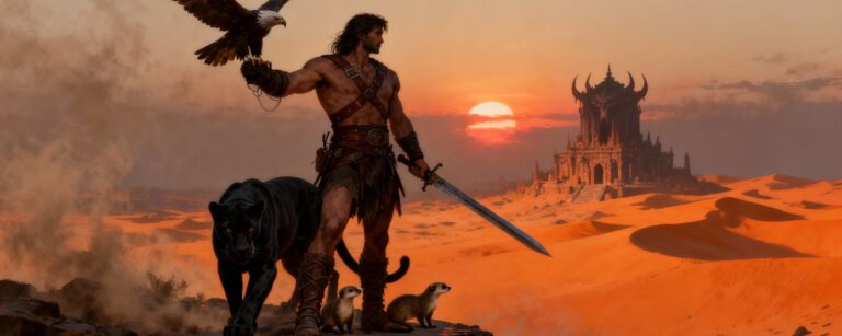 Ein muskulöser Barbar mit Schwert und Lederriemen steht auf einem Felsvorsprung in der Wüste, an seiner Seite ein schwarzer Panther, zwei kleine Tiergefährten zu seinen Füßen und ein Adler auf seinem Arm, während im Hintergrund die Sonne hinter einem finsteren Tempel im Sand untergeht.