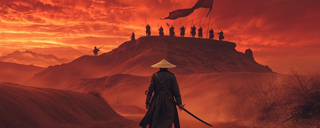 Ein Schwertkämpfer mit Reisstrohhut marschiert bei rotem Abendhimmel durch einen staubigen Wüstenpass auf einen Hügel zu, auf dem eine Gruppe bewaffneter Krieger mit wehender Fahne wartet.
