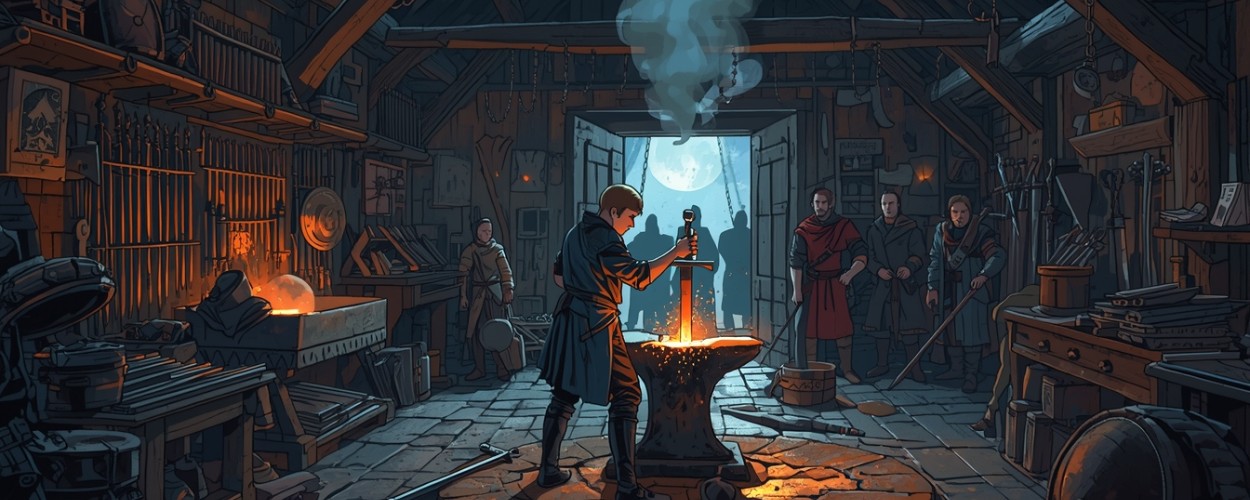 Stilisierte Fantasy-Schmiede bei Nacht: Ein junger Schmied bearbeitet ein glühendes Schwert am Amboss, während im Hintergrund bewaffnete Abenteurer im Türrahmen warten.