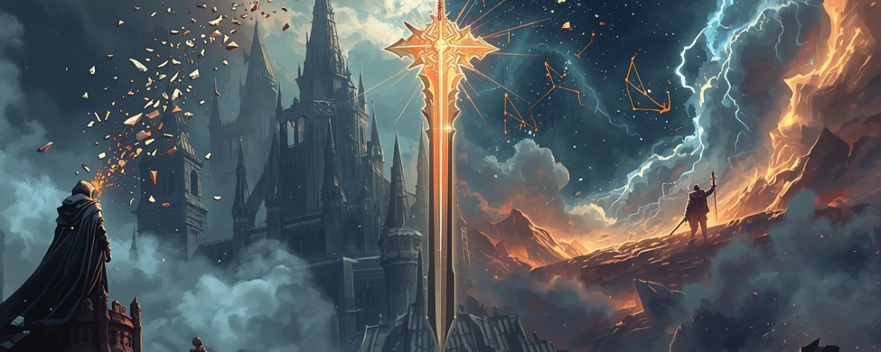 Episches Fantasy-Artwork: links eine nebelverhangene, gotische Stadt mit Kapuzengestalt auf einem Turm, rechts eine feurige Felslandschaft mit Krieger vor wirbelndem Sternen- und Sturmhimmel, in der Mitte ragt ein riesiges leuchtendes Schwert empor, umgeben von schwebenden Splittern und Sternkonstellationen.