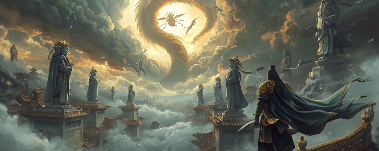 Ein gepanzerter Krieger blickt über eine wolkenverhangene Fantasy-Stadt mit riesigen Götterstatuen, während ein goldener Drache in einem Wirbel aus Sturmwolken am Himmel kreist – Anspielung auf Creation of the Gods: Kingdom of Storms