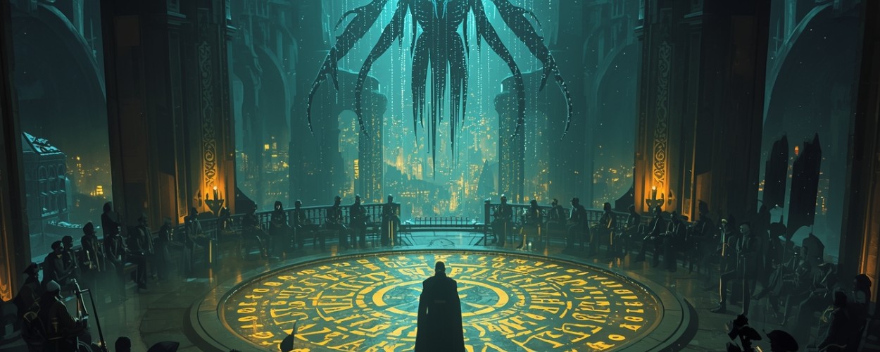 In einer riesigen, düster beleuchteten Ratshalle steht ein Magier auf einem leuchtenden Runenkreis, umgeben von sitzenden Gestalten, während über ihnen ein gigantischer, geisterhaft leuchtender Daten-Dämon im Raum schwebt und im Hintergrund eine Stadt in der Nacht glimmt.