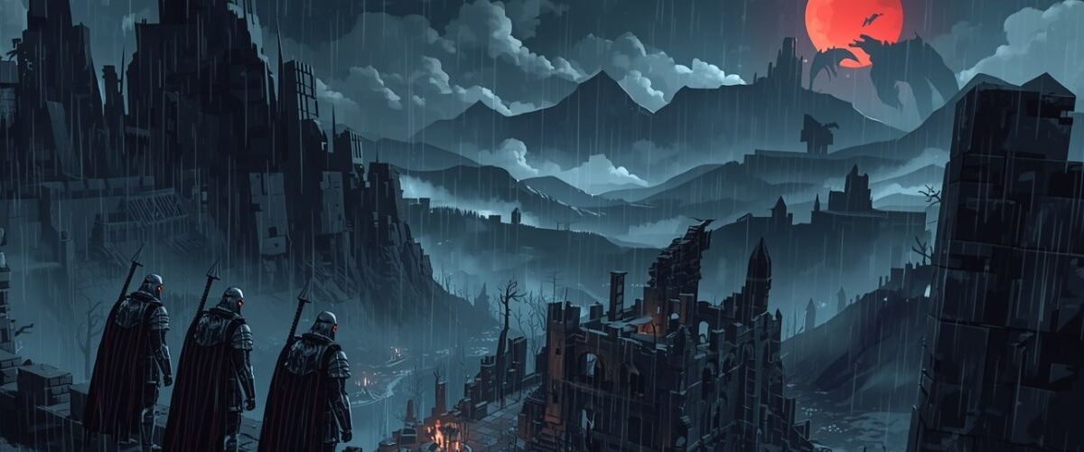 Drei gerüstete Krieger mit roten Umhängen stehen auf einer zerfallenen Mauer und blicken in ein verregnetes Tal voller Ruinen und Lagerfeuer, über dem ein blutroter Mond mit Drachen­silhouette aufragt – Symbolbild für die gnadenlose Dark-Fantasy-Welt von Dark Craft.