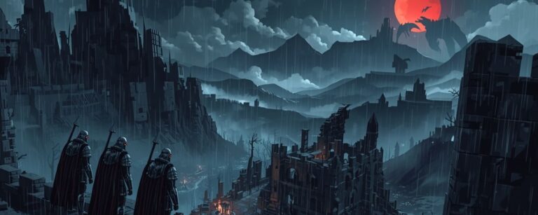 Drei gerüstete Krieger mit roten Umhängen stehen auf einer zerfallenen Mauer und blicken in ein verregnetes Tal voller Ruinen und Lagerfeuer, über dem ein blutroter Mond mit Drachen­silhouette aufragt – Symbolbild für die gnadenlose Dark-Fantasy-Welt von Dark Craft.
