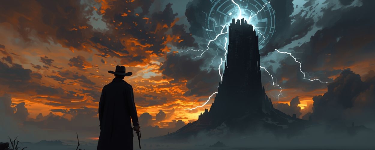 Gunslinger im Mantel steht vor einer öden Landschaft und blickt auf einen von Blitzen umtosten dunklen Turm im Abendhimmel – Symbolbild zur neuen Dark-Tower-Serie von Mike Flanagan