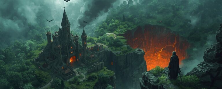 Epische Dark-Fantasy-Szene in isometrischer Perspektive: Eine düstere Festung mit brennend orange leuchtendem Eingang steht am Rand einer zerklüfteten Schlucht, gegenüber auf einem Felsvorsprung blickt ein vermummter Krieger mit Schwert in ein glühend rotes, lavaerfülltes Loch, während dichter Nebel und dunkler Wald die Umgebung einhüllen.