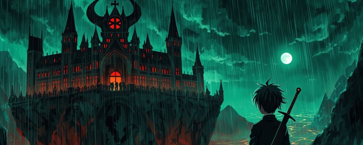 Düstere Dämonenakademie auf einer schwebenden Felseninsel über Lava, im Regen betrachtet von einem Jungen mit Schwert – inspiriert von Dead Rock.