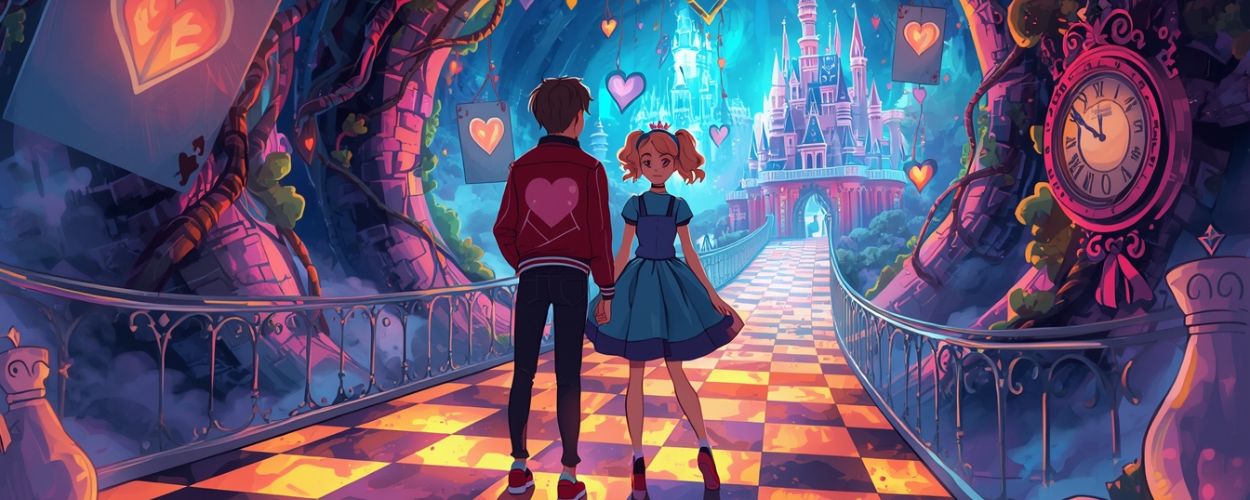 Zwei Teenager gehen Hand in Hand über ein schachbrettartiges Lichtband auf ein leuchtendes Schloss zu, umgeben von Herz-Karten, Uhren und verwachsenen Bäumen in einem modernen Wunderland – Symbolbild zu Descendants: Wicked Wonderland