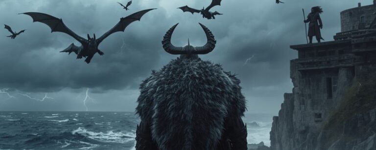 Live-Action-Fantasyszene zu Drachenzähmen leicht gemacht 2: ein gewaltiger Wikingerkrieger mit Fellumhang steht an einer stürmischen Küste, über ihm fliegen Drachen, daneben eine Felsenfestung.