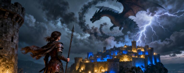 Junge Kriegerin in Leder- und Plattenrüstung steht nachts auf einer Burgmauer und blickt mit Speer in der Hand auf eine hell erleuchtete Festungsstadt, über der ein riesiger Drache im Gewitterhimmel kreist, während Blitzlicht die Szene erhellt.