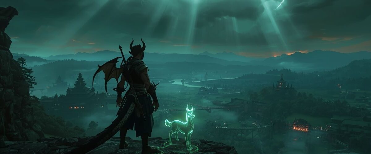 Halbdrache Botu steht in der Dämmerung auf einem Felsvorsprung und blickt über das nebelige Verdant Empire mit Tempeln und Brücken, neben ihm leuchtet sein geisterhafter Tiergefährte Zaya in Grün, während Lichtstrahlen durch dunkle Wolken brechen.