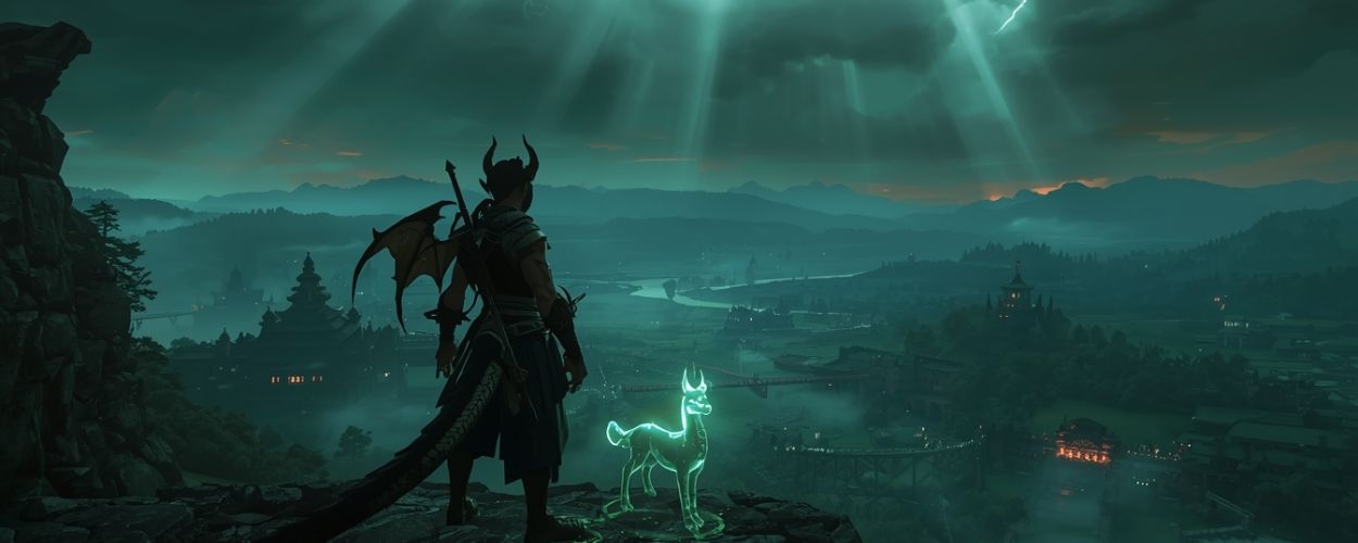 Halbdrache Botu steht in der Dämmerung auf einem Felsvorsprung und blickt über das nebelige Verdant Empire mit Tempeln und Brücken, neben ihm leuchtet sein geisterhafter Tiergefährte Zaya in Grün, während Lichtstrahlen durch dunkle Wolken brechen.