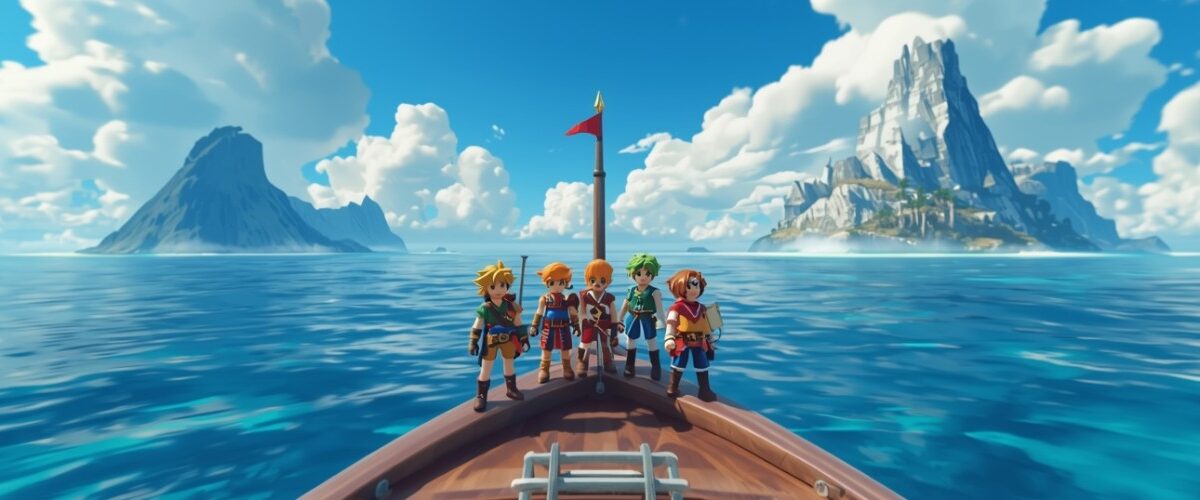 Vier Miniatur-Helden auf einem Schiff blicken im Diorama-Stil auf zersplitterte Inseln in der Ferne – Szene aus Dragon Quest VII Reimagined.