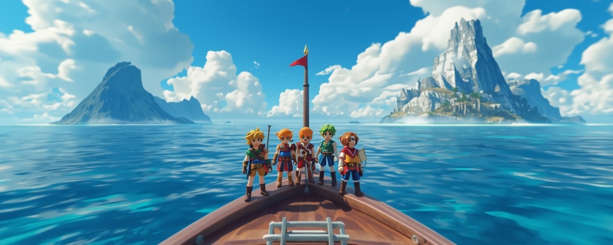 Vier Miniatur-Helden auf einem Schiff blicken im Diorama-Stil auf zersplitterte Inseln in der Ferne – Szene aus Dragon Quest VII Reimagined.