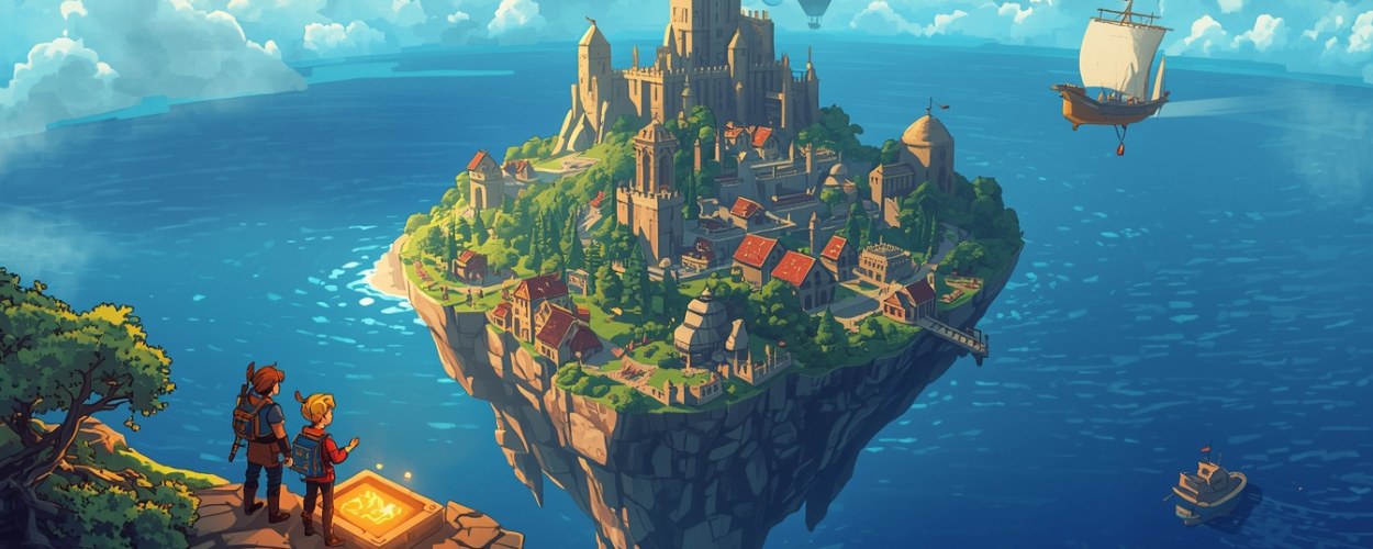 Farbenfrohe Fantasy-Illustration: Zwei junge Abenteurer stehen auf einer Klippe vor einem leuchtenden Steinrelief und blicken auf eine schwebende Insel mit Burg, Dörfern und Bäumen, die über einem blauen Ozean schwebt; am Himmel fahren Luftschiff und Schiffe übers Wasser, dicke Wolken rahmen die Szene ein.