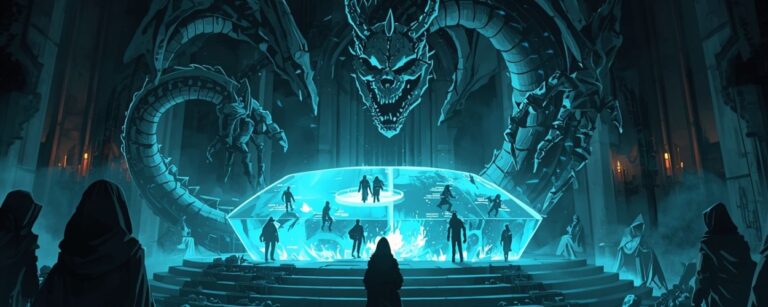 Ein riesiger skelettierter Drache windet sich in einer düsteren Thronsaalhalle um einen leuchtenden, gläsernen Kristallkubus, in dem Schattenfiguren wie Spielfiguren eines MMOs stehen, während vermummte Gestalten auf den Stufen davor misstrauisch zuschauen – Symbolbild für die unheimliche Online-Welt und die undurchsichtigen Mächte hinter Dreadmyst.