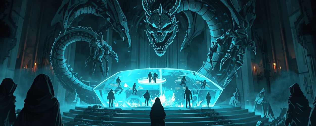 Ein riesiger skelettierter Drache windet sich in einer düsteren Thronsaalhalle um einen leuchtenden, gläsernen Kristallkubus, in dem Schattenfiguren wie Spielfiguren eines MMOs stehen, während vermummte Gestalten auf den Stufen davor misstrauisch zuschauen – Symbolbild für die unheimliche Online-Welt und die undurchsichtigen Mächte hinter Dreadmyst.