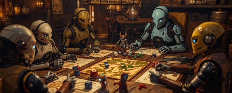 Vier Roboter spielen Dungeons & Dragons an einem Holztisch – Symbolbild für Dungeons & Dragons KI im Härtetest.