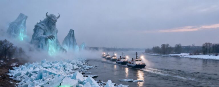 Meterhohe zerbrochene Eisschollen am Ufer der Elbe bei Geesthacht, grünes magisches Leuchten in den Rissen, im Hintergrund Eisbrecherflotte auf dem Fluss und riesige geisterhafte Eiswesen im Nebel.