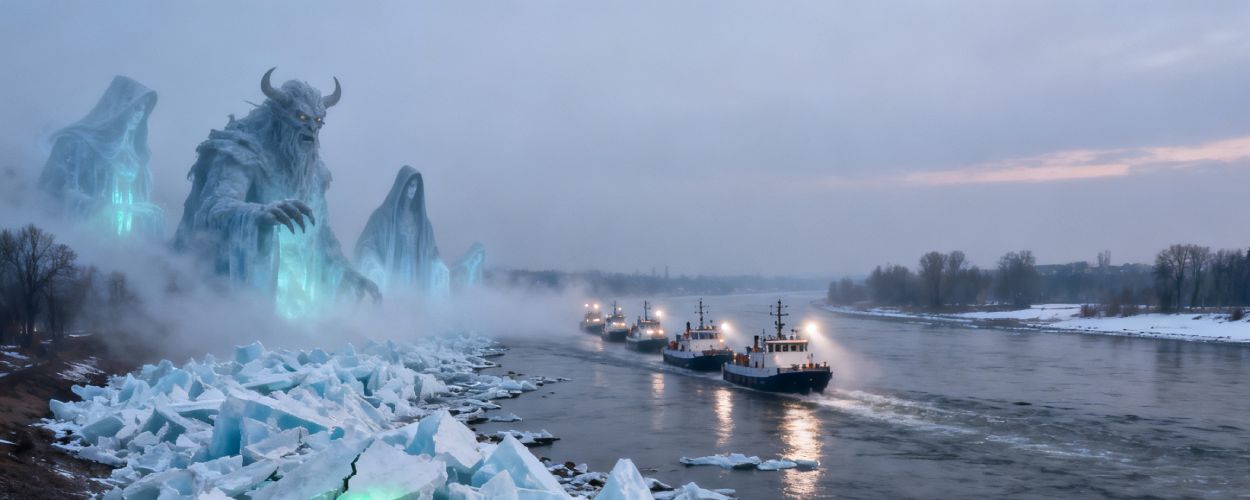 Meterhohe zerbrochene Eisschollen am Ufer der Elbe bei Geesthacht, grünes magisches Leuchten in den Rissen, im Hintergrund Eisbrecherflotte auf dem Fluss und riesige geisterhafte Eiswesen im Nebel.