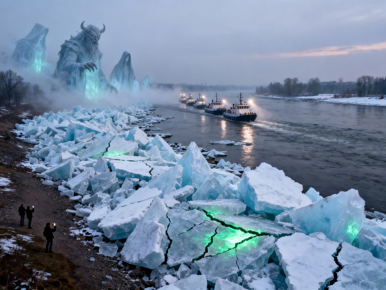 Meterhohe zerbrochene Eisschollen am Ufer der Elbe bei Geesthacht, grünes magisches Leuchten in den Rissen, im Hintergrund Eisbrecherflotte auf dem Fluss und riesige geisterhafte Eiswesen im Nebel.