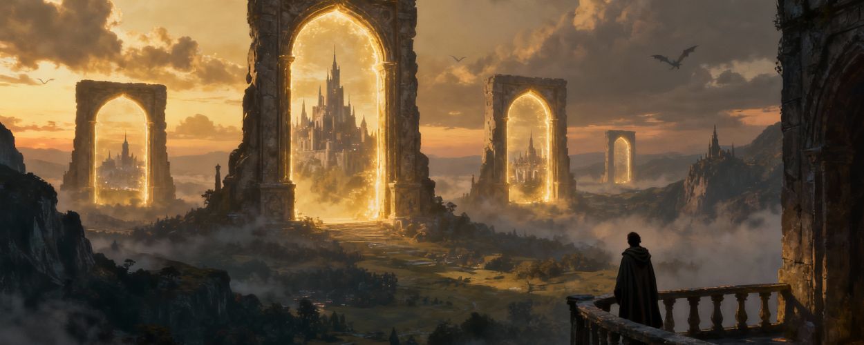Ein in einen Umhang gehüllter Wanderer steht auf einem Balkon und blickt in eine nebelige Fantasylandschaft, in der mehrere riesige, golden leuchtende Torbögen zu fernen Schlössern im Abendlicht führen, während Drachen über den Himmel ziehen.